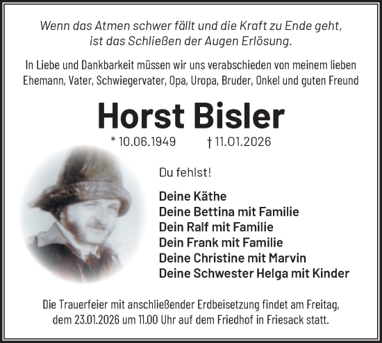 Traueranzeige von Horst Bisler von Märkische Oderzeitung