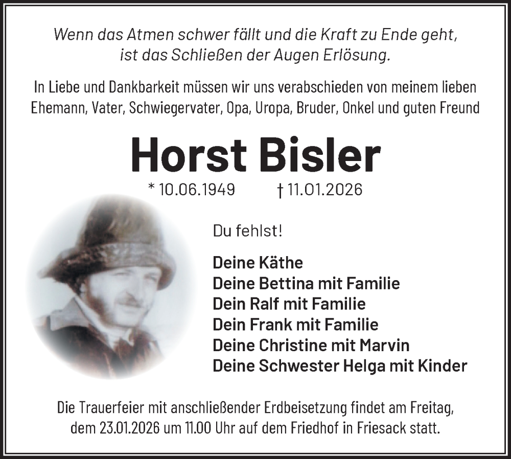 Traueranzeige für Horst Bisler vom 17.01.2026 aus Märkische Oderzeitung
