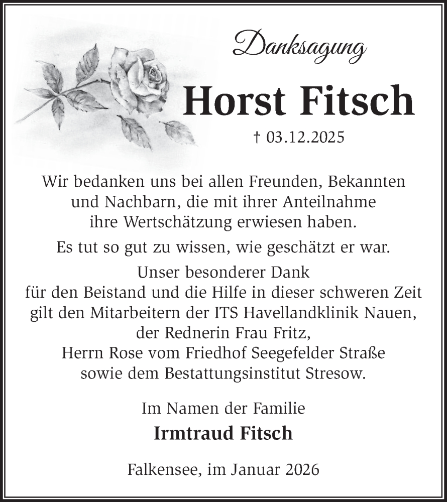  Traueranzeige für Horst Fitsch vom 17.01.2026 aus Märkische Oderzeitung