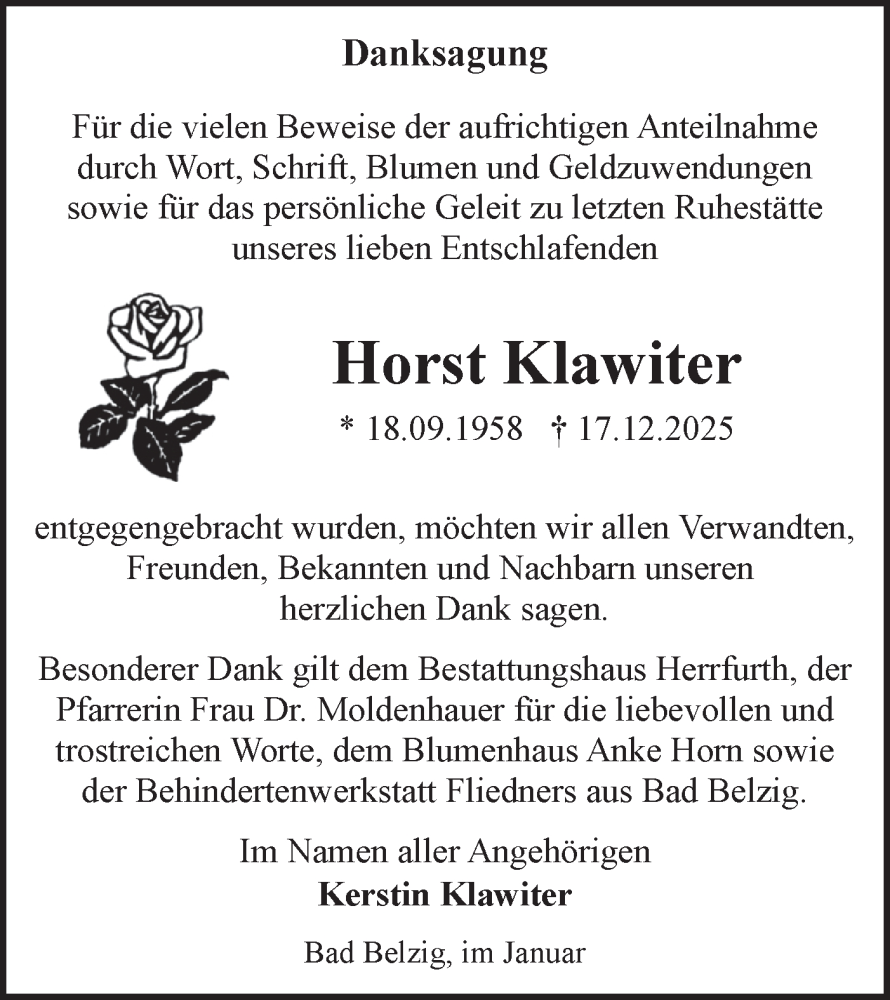  Traueranzeige für Horst Klawiter vom 31.01.2026 aus Märkische Oderzeitung