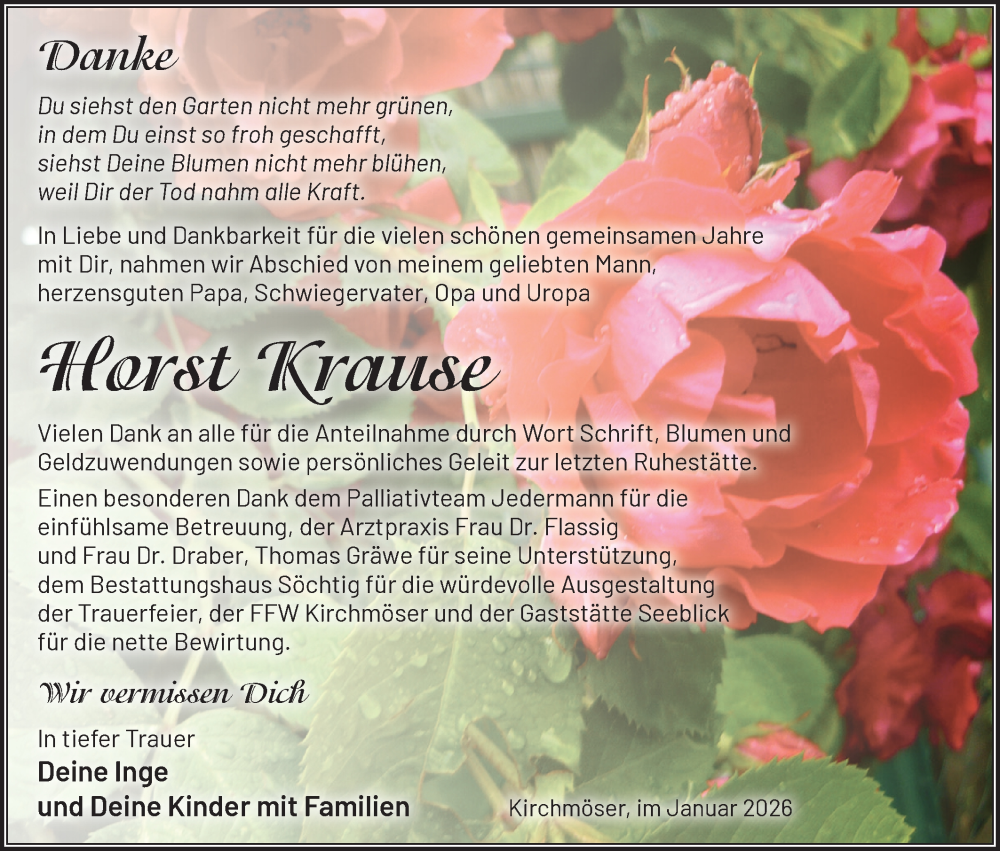  Traueranzeige für Horst Krause vom 31.01.2026 aus Märkische Oderzeitung