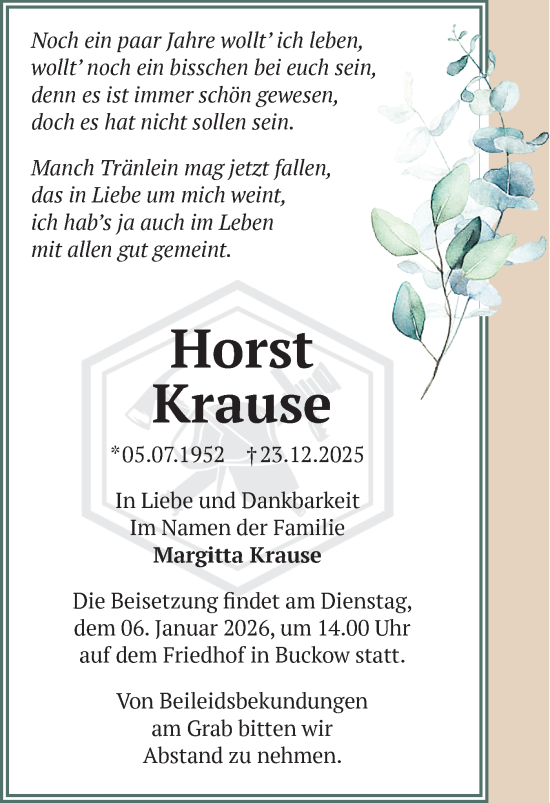 Traueranzeige von Horst Krause von Märkische Oderzeitung