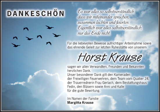 Traueranzeige von Horst Krause von Märkische Oderzeitung