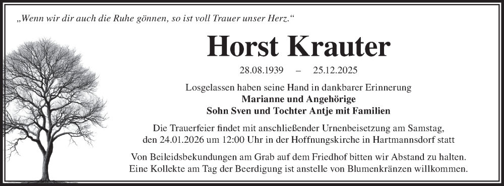  Traueranzeige für Horst Krauter vom 17.01.2026 aus Märkische Oderzeitung