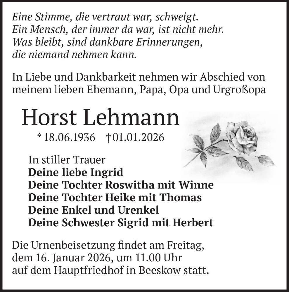  Traueranzeige für Horst Lehmann vom 10.01.2026 aus Märkische Oderzeitung