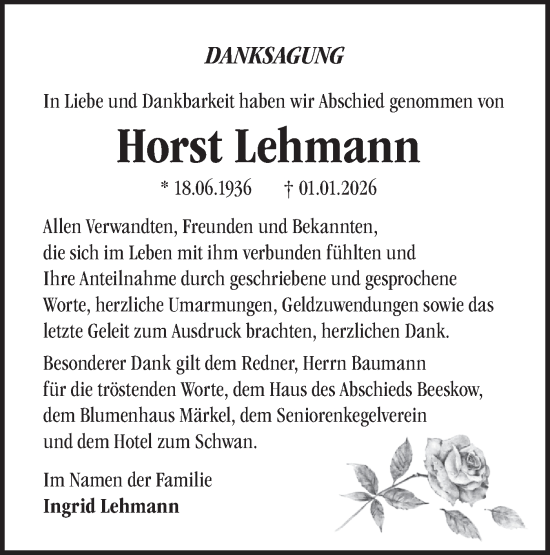 Traueranzeige von Horst Lehmann von Märkische Oderzeitung