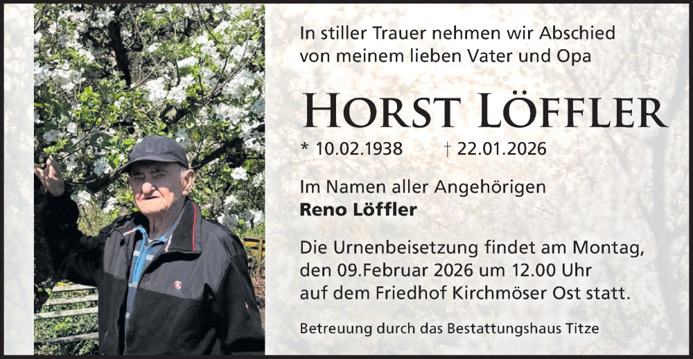  Traueranzeige für Horst Löffler vom 31.01.2026 aus Märkische Oderzeitung