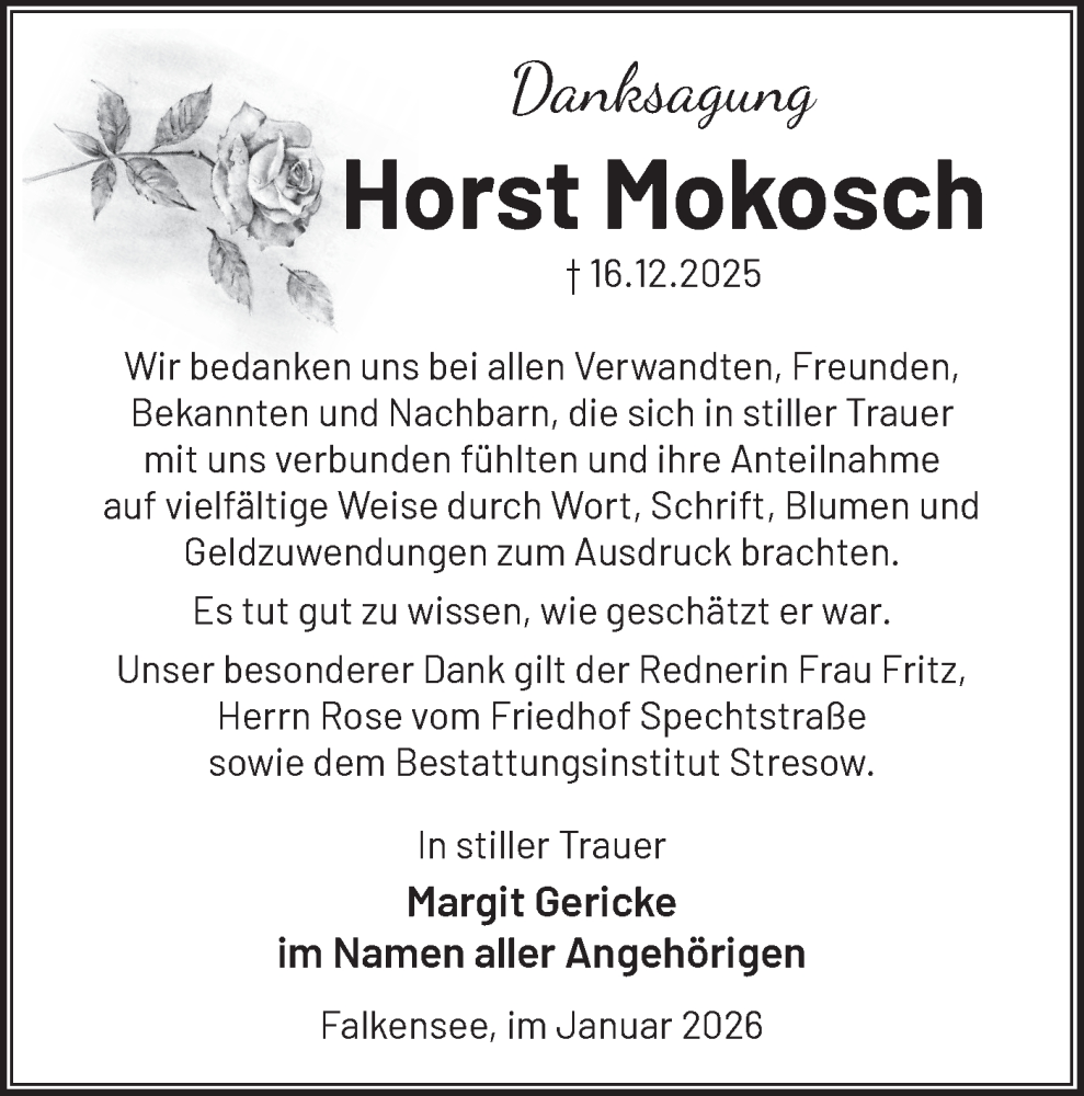  Traueranzeige für Horst Mokosch vom 31.01.2026 aus Märkische Oderzeitung