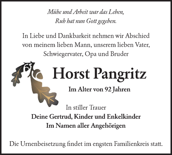 Traueranzeige von Horst Pangritz von Blickpunkt Ludwigsfelde/Zossen