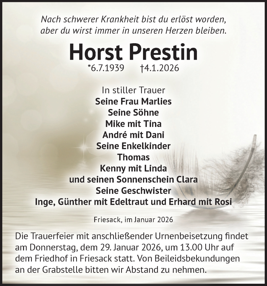  Traueranzeige für Horst Prestin vom 17.01.2026 aus Märkische Oderzeitung