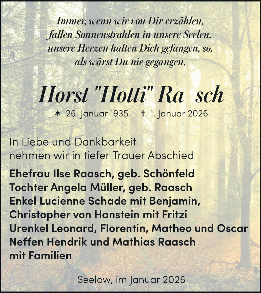  Traueranzeige für Horst Raasch vom 17.01.2026 aus MO Oderld.-Echo