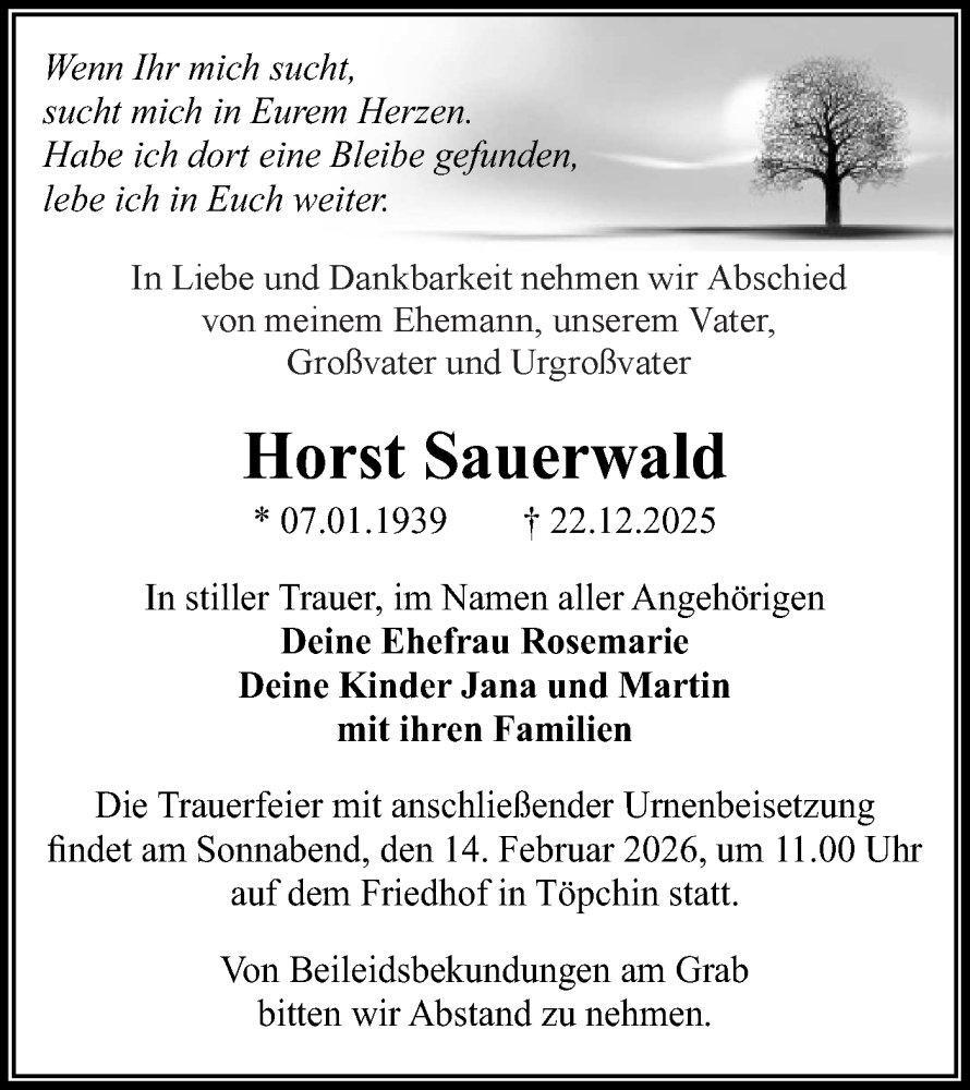  Traueranzeige für Horst Sauerwald vom 31.01.2026 aus Blickpunkt Königs Wusterhausen
