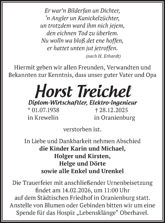 Traueranzeige von Horst Treichel von Märkische Oderzeitung
