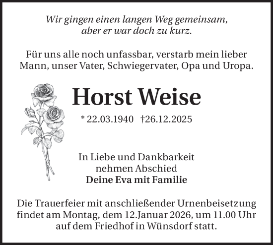 Traueranzeige von Horst Weise von Blickpunkt Ludwigsfelde/Zossen