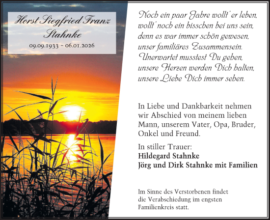 Traueranzeige von Horst Siegfried Franz Stahnke von Märkische Oderzeitung