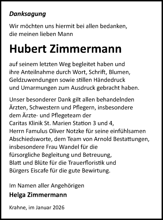 Traueranzeige von Hubert Zimmermann von Märkische Oderzeitung