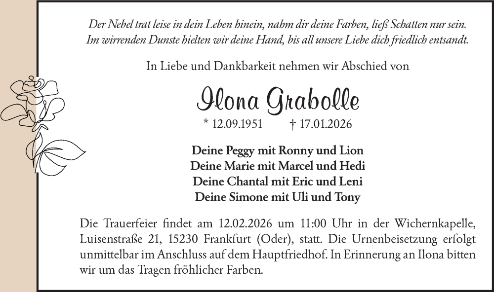  Traueranzeige für Ilona Grabolle vom 31.01.2026 aus Märkische Oderzeitung