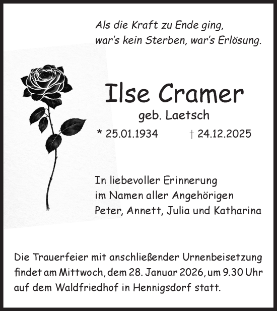 Traueranzeige von Ilse Cramer von Märkische Oderzeitung