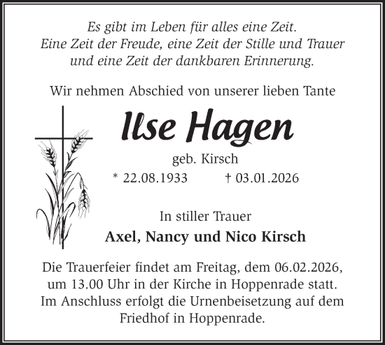 Traueranzeige von Ilse Hagen von Märkische Oderzeitung