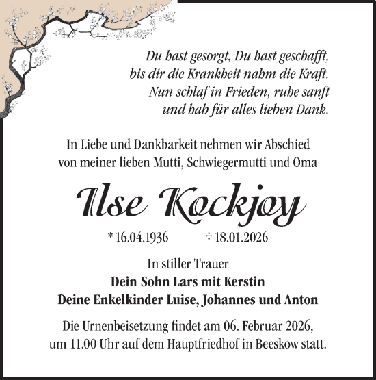 Traueranzeige von Ilse Kockjoy von Märkische Oderzeitung