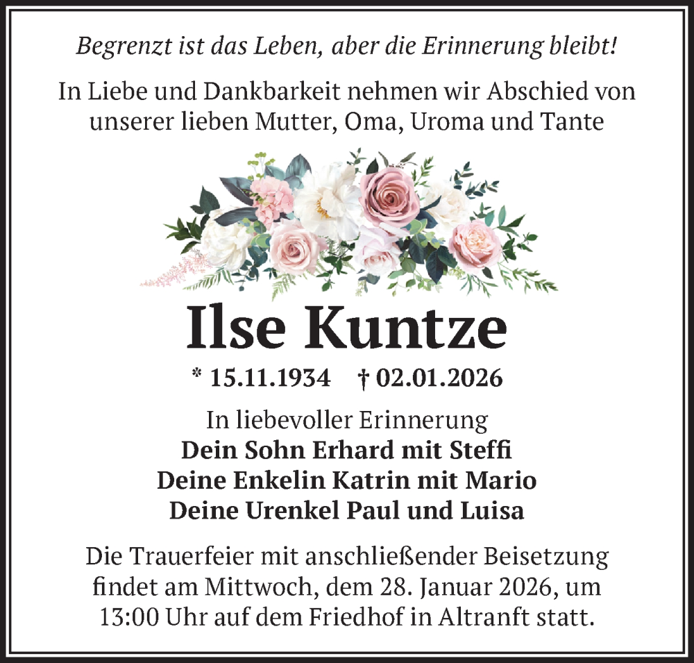  Traueranzeige für Ilse Kuntze vom 17.01.2026 aus MO Oderld.-Echo