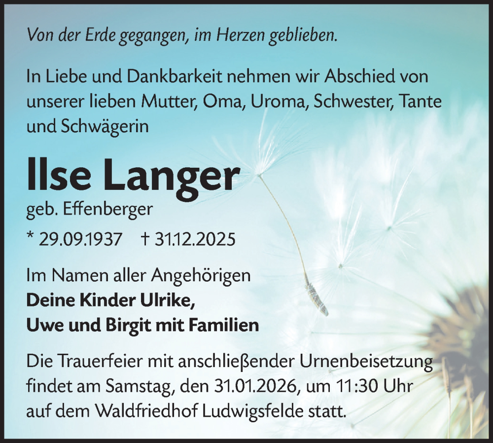  Traueranzeige für Ilse Langer vom 17.01.2026 aus Blickpunkt Ludwigsfelde/Zossen