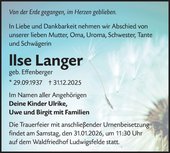 Traueranzeige von Ilse Langer von Blickpunkt Ludwigsfelde/Zossen