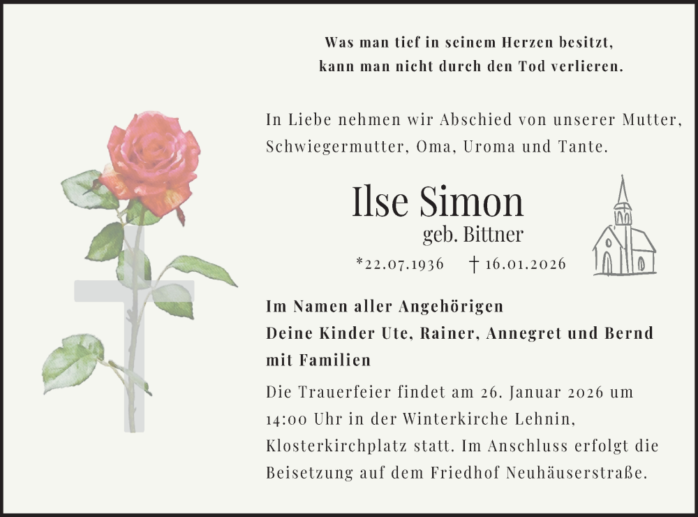  Traueranzeige für Ilse Simon vom 24.01.2026 aus Märkische Oderzeitung
