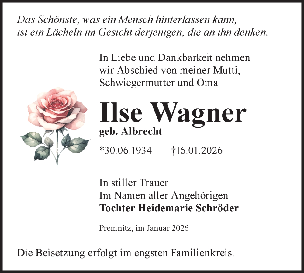  Traueranzeige für Ilse Wagner vom 31.01.2026 aus Märkische Oderzeitung