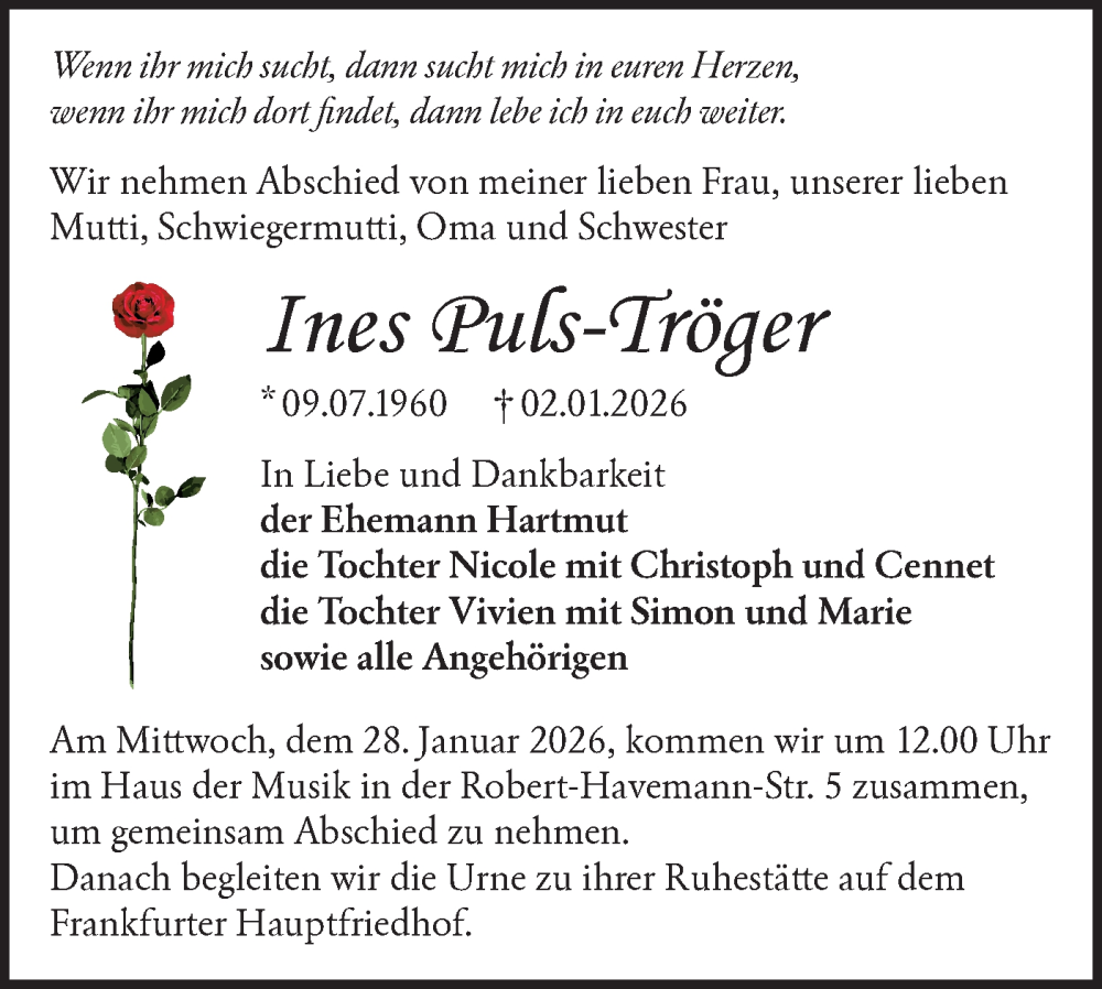 Traueranzeige für Ines Puls-Tröger vom 17.01.2026 aus Märkische Oderzeitung