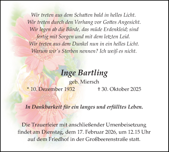 Traueranzeige von Inge Bartling von Blickpunkt Potsdam/Werder