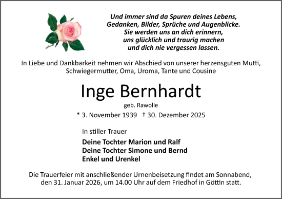 Traueranzeige von Inge Bernhardt von Märkische Oderzeitung