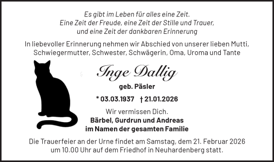 Traueranzeige von Inge Dallig von MO Oderld.-Echo