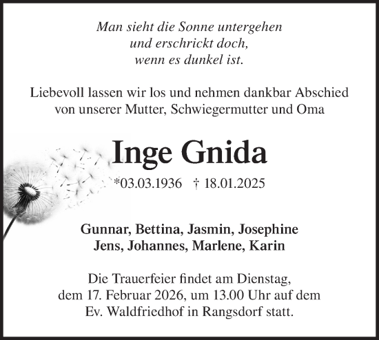 Traueranzeige von Inge Gnida von Blickpunkt Ludwigsfelde/Zossen