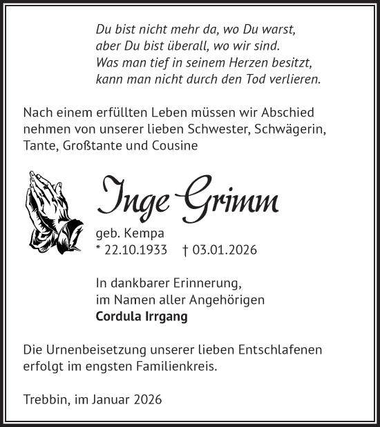 Traueranzeige von Inge Grimm von Blickpunkt Jüterbog/Luckenwalde
