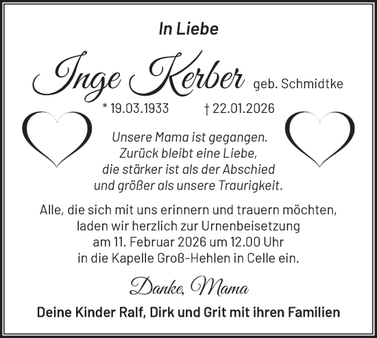 Traueranzeige von Inge Kerber von Märkische Oderzeitung