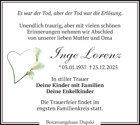Traueranzeige von Inge Lorenz von Märkische Oderzeitung