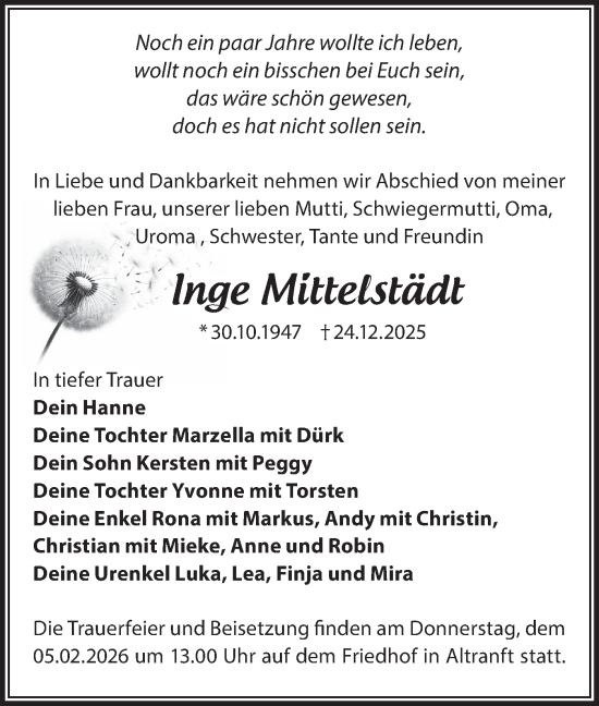 Traueranzeige von Inge Mittelstädt von MO Oderld.-Echo
