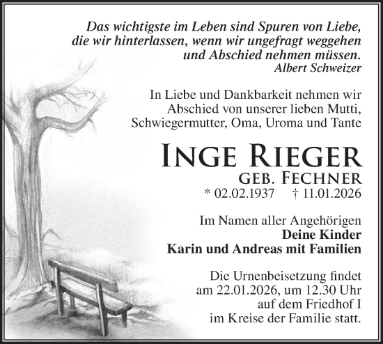 Traueranzeige von Inge Rieger von Märkische Oderzeitung