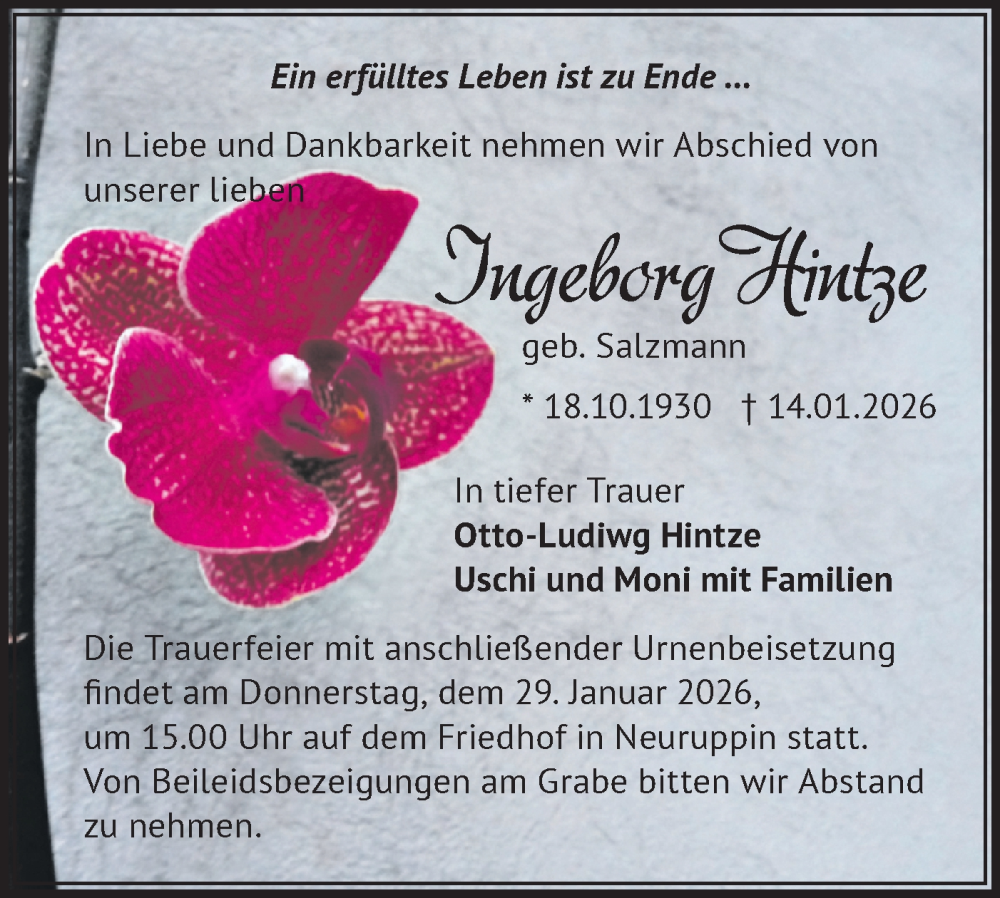  Traueranzeige für Ingeborg Hintze vom 24.01.2026 aus Märkische Oderzeitung