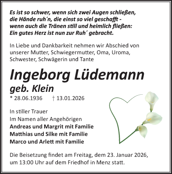 Traueranzeige von Ingeborg Lüdemann von Märkische Oderzeitung