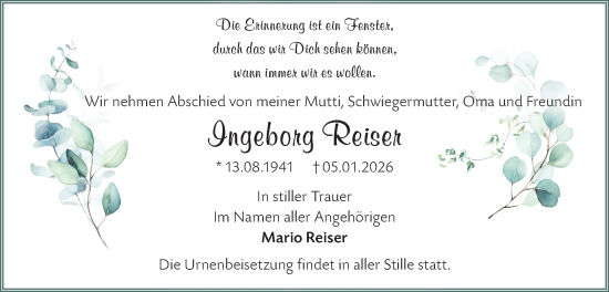 Traueranzeige von Ingeborg Reiser von MO Oderld.-Echo