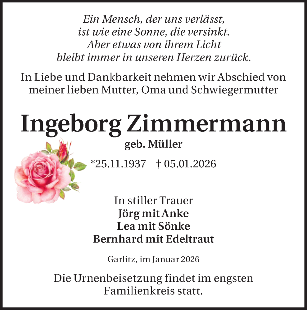  Traueranzeige für Ingeborg Zimmermann vom 10.01.2026 aus Märkische Oderzeitung