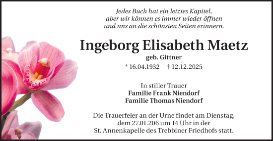 Traueranzeige von Ingeborg Elisabeth Maetz von Blickpunkt Jüterbog/Luckenwalde