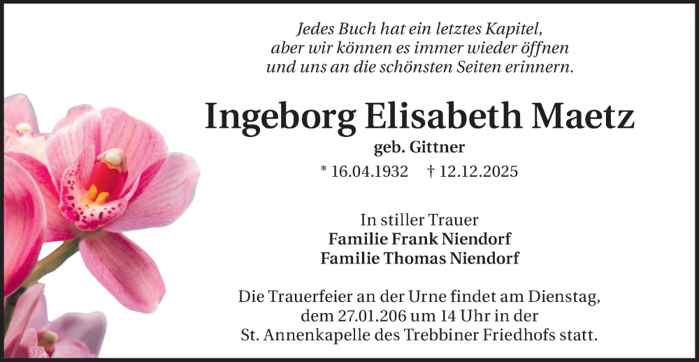  Traueranzeige für Ingeborg Elisabeth Maetz vom 17.01.2026 aus Blickpunkt Jüterbog/Luckenwalde