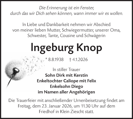 Traueranzeige von Ingeburg Knop von Blickpunkt Ludwigsfelde/Zossen