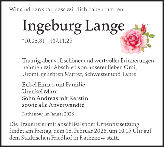 Traueranzeige von Ingeburg Lange von Märkische Oderzeitung