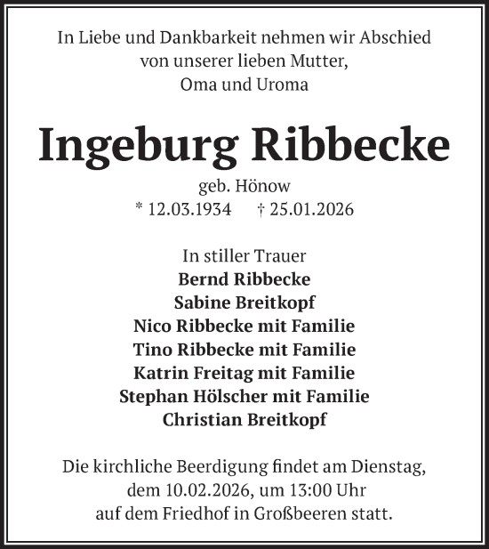 Traueranzeige von Ingeburg Ribbecke von Blickpunkt Ludwigsfelde/Zossen