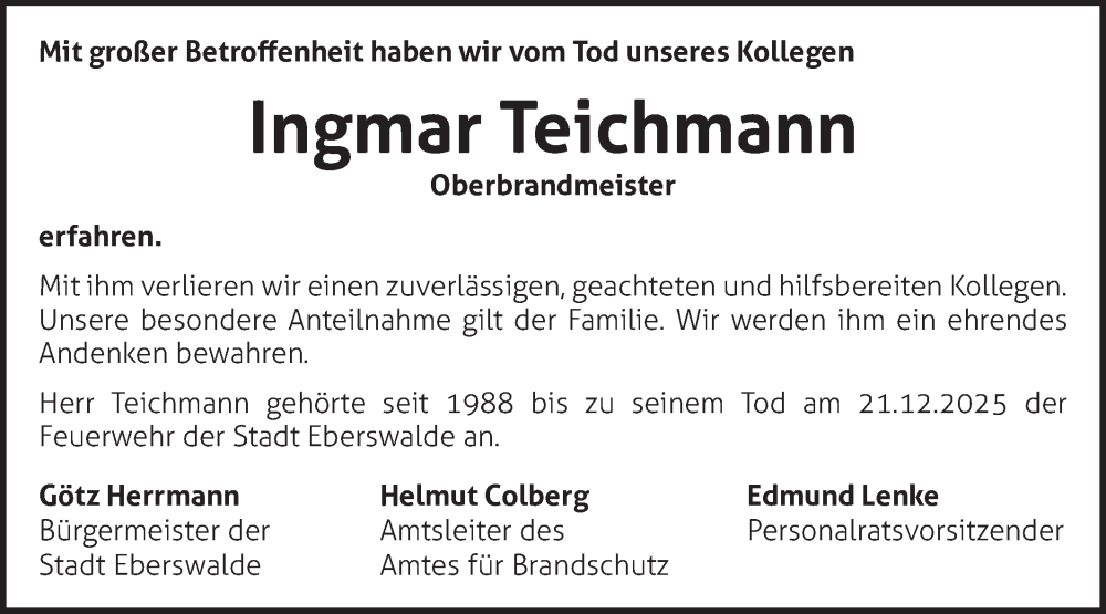  Traueranzeige für Ingmar Teichmann vom 10.01.2026 aus Märkische Oderzeitung