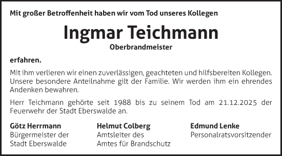 Traueranzeige von Ingmar Teichmann von Märkische Oderzeitung